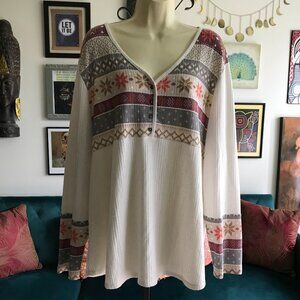 MAURICES size 3X Cream Fair Isle Stretch Thermal Henley Shirt